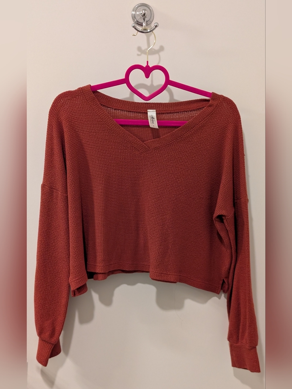 Mahina Hawaii Waffle Knit V-Neck Long Sleeve Crop Top - Rust